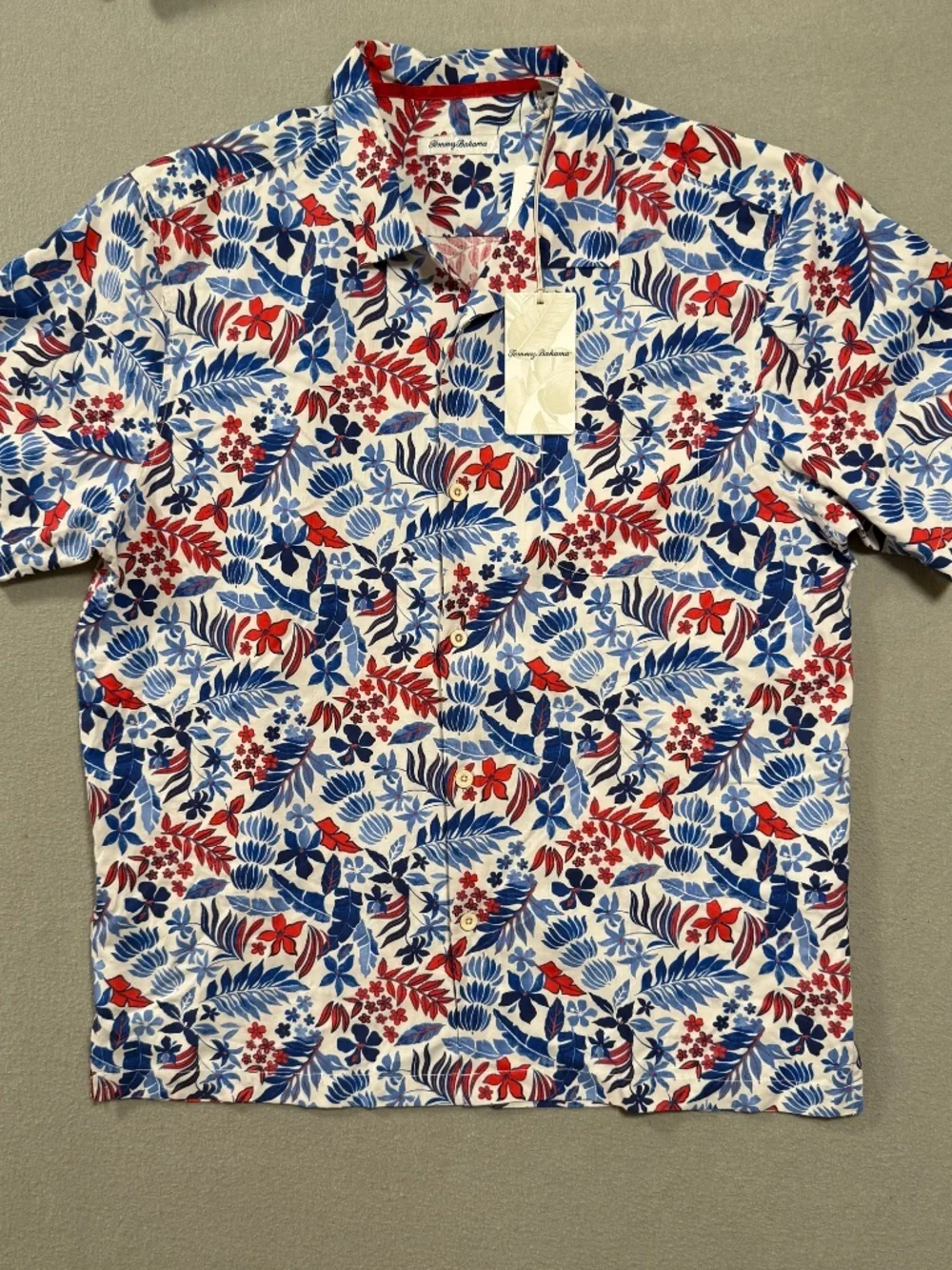 Tommy Bahama Set 100% Silk Shirt Swim Trunks Floral Red White Blue Hawaiian L/XL - Picture 2 of 13